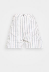 Striped shorts in light blue and cream, featuring a button closure, belt loops, and side pockets. Cotton fabric with a textured finish.