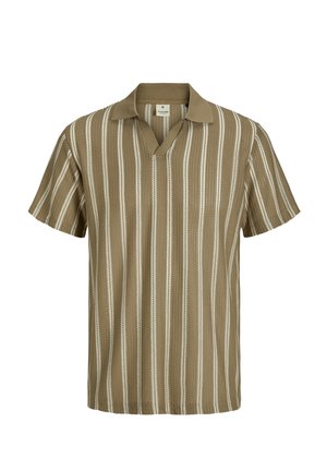 Chemise à manches courtes avec un motif rayé vertical beige clair et crème, dotée d'un col en V et d'un col tricoté, fabriquée à partir d'un tissu doux.