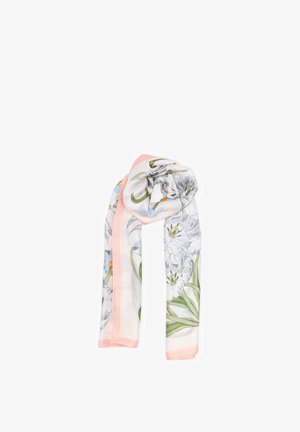 Sciarpa bordata di rosa chiaro con dettagliati motivi floreali bianchi e blu e foglie verdi, arrotolata liberamente su sfondo bianco.