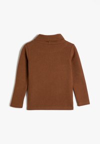 Camiseta de manga larga marrón con cuello de tortuga para niños, mostrada desde la parte de atrás sobre un fondo blanco.