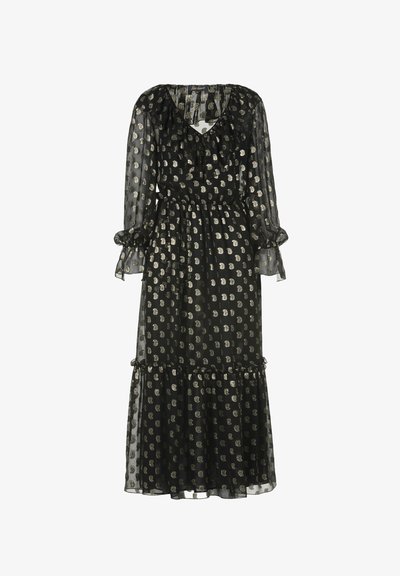 Melna, garām piedurknēm maxi kleita caurspīdīgā audumā, ar viļņotu apkakli, elastīgu jostu un zelta punktiņu rakstu.