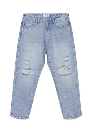 Jeans in denim azzurro chiaro con vestibilità ampia, dettagli usurati con strappi sul davanti e una vita standard.