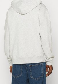 Ljusgrå hoodie med dragsko på huvan, ribbade muddar och midja. Tillverkad av mjukt tyg, med avslappnad passform och sömdetalj bak.