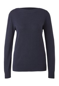 Pull en maille bleu marine avec un col rond, des manches longues, et des poignets et un ourlet côtelés. Texture lisse sans motifs ni accents visibles.