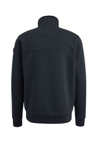 Marinefarbener Pullover mit hohem Kragen, langen Ärmeln und gerippten Bündchen und Saum. Verfügt über eine horizontale Naht im Rücken. Weiche Stofftextur.