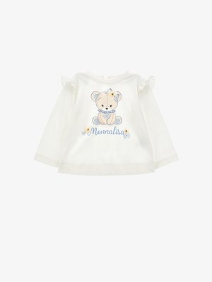 Valge pika varrukaga särk ees olevate karu graafikuga, volangakkudega õlgadel ja lillede detailidega. Pehme puuvillane materjal siniste ja kollaste printidega.