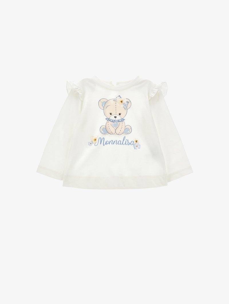 Λευκό πουκάμισο με μακριά μανίκια και γραφικό αρκούδας μπροστά, με ριχτές λεπτομέρειες στους ώμους και λουλουδάτα σχέδια. Μαλακό βαμβακερό υλικό με μπλε και κίτρινα σχέδια.