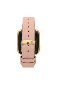 Orologio con quadrante rettangolare nero, hardware in oro e cinturino in pelle rosa pallido con fori regolabili e chiusura a fibbia.