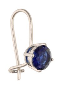 Ovalni naušnice s fasetiranim tamnoplavi dragim kamenom postavljenim u metalni okvir srebrne boje s dizajnom na preklop.