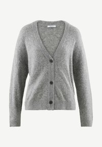Grå stickad cardigan med V-ringning, långa ärmar, fem svarta knappar och ribbad fåll, tillverkad av mjukt, strukturerat tyg.