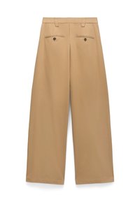 Beige wide-leg trousers made of smooth fabric, featuring a flat front, belt loops, two back pockets with horizontal stitching and buttons.