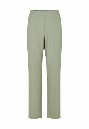Pantalons taillés vert clair avec une texture lisse, dotés d'une large ceinture et de deux plis sur le devant pour une apparence structurée.