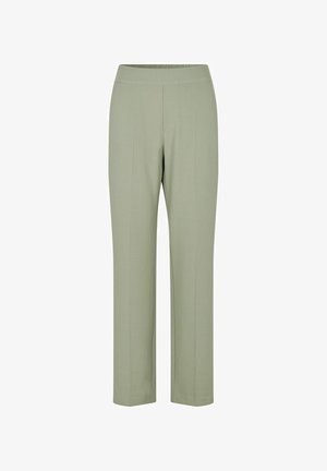 Light green, tailored trousers with a smooth texture, featuring a wide waistband and two front crease lines for a structured appearance.