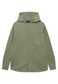 Chaqueta verde claro con capucha, hecha de algodón, que presenta un cierre frontal con botones, un bolsillo en el pecho y bolsillos laterales con un diseño casual.