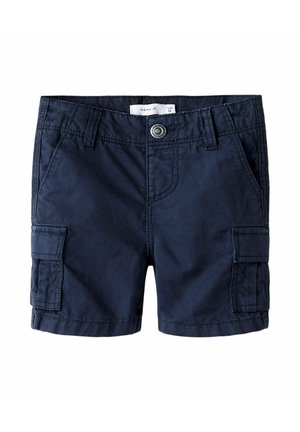 Marineblå børne cargo shorts med knap foran, bæltestropper, sidelommer og klaplommer på hver lår.