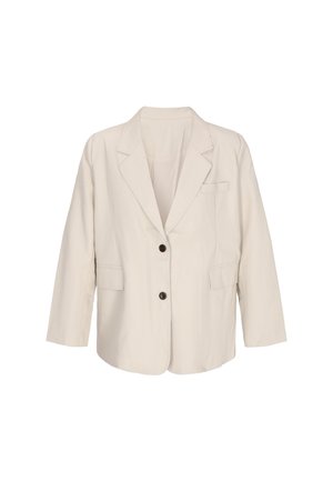 Lichtbeige damesblazer met ingesneden revers, twee knopen aan de voorkant en klepzakken aan beide zijden.