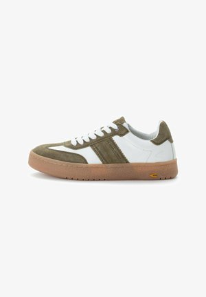 Suede and leather sneaker featuring olive green and white panels, textured beige sole, white laces, and a small yellow accent logo.