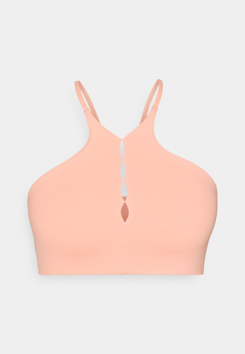 Pfirsichfarbene Bralette aus glattem, dehnbarem Stoff. Verfügt über dünne Träger und ein offenes Rückendesign mit einem Schlüssellochdetail.