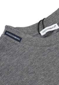 T-shirt in cotone grigio con scollo rotondo. Presenta due etichette: una blu marina con "DOLCE&GABBANA" e una bianca con il nome del marchio.