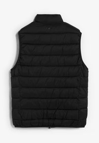 Chaleco acolchado negro con cuello alto, que presenta un diseño de acolchado y una textura suave. Sin mangas y con un dobladillo elástico en la base.