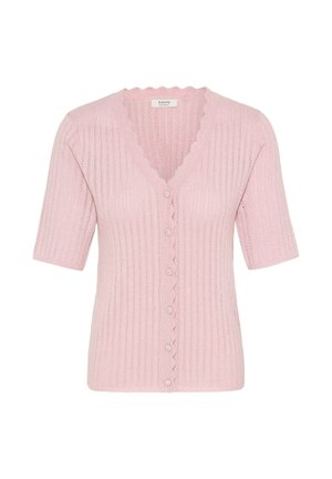 Hele roosa lühikeste varrukatega kootud kardigan kaarjatest servadest V-kaelusega ja eest kangaga kaetud nööpidega, millel on vertikaalne sooniline muster.