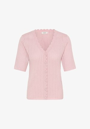 Hellrosa kurzärmeliges Strickcardigan mit geschwungenem V-Ausschnitt und vorne stoffbezogenen Knöpfen in vertikalem Rippenmuster.