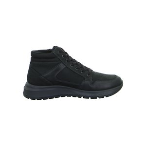 Sort højtop-sneaker med snørebånd, polstret hals og tyk gummisål, designet til afslappet eller atletisk brug.