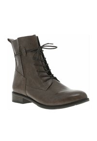 Bottine en cuir gris avec un bout arrondi et un laçage avant. Dotée d'une fermeture éclair sur le côté, d'un petit talon empilé et d'un matériau texturé.