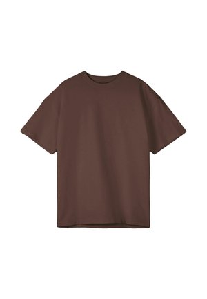 Bruine T-shirt met korte mouwen en ronde hals, ontspannen pasvorm, getoond op een witte achtergrond.