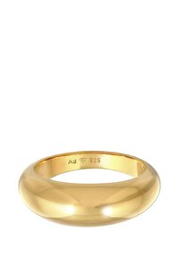 Anello color oro, design liscio e arrotondato, superficie riflettente, marchiato "Ag 925" per indicare il contenuto di argento all'interno.