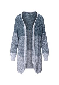 Cardigan aperto in maglia blu e grigia. Presenta maniche lunghe, un motivo testurizzato e una sensazione morbida e leggera.