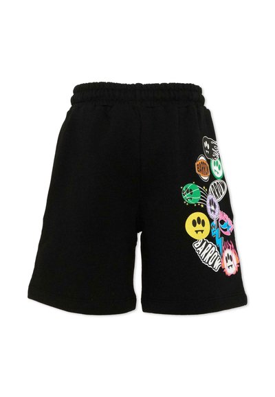 Zwarte shorts met elastische tailleband en kleurrijke, speelse smiley- en basketbalthema-graphic designs op het rechterbeen.