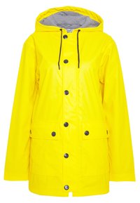 Żółta kurtka przeciwdeszczowa wykonana z wodoodpornego materiału, z kapturem, czarnymi guzikami i dwoma przednimi kieszeniami. Podszewka w paski.
