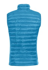 Gilet smanicato azzurro in piumino con motivo a righe verticali, colletto alto e finitura lucida, realizzato in materiale sintetico leggero.