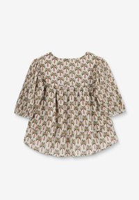 Korte mouwen top met een palmbomenpatroon in groen, bruin en beige kleuren. Het ontwerp heeft een gather taille en een ronde halslijn.