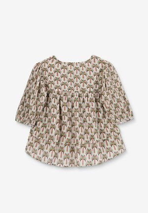 Top à manches courtes avec un motif de palmier en couleurs vert, brun et beige. Le design inclut une taille froncée et un col rond.