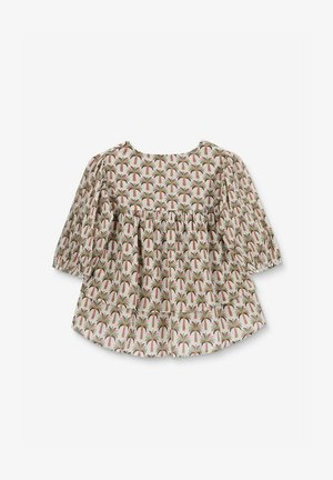 Korte mouwen top met een palmbomenpatroon in groen, bruin en beige kleuren. Het ontwerp heeft een gather taille en een ronde halslijn.