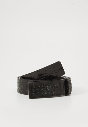 Black crocodile-embossed belt with a glossy finish, featuring a rectangular buckle with numbered accents and a smooth texture.