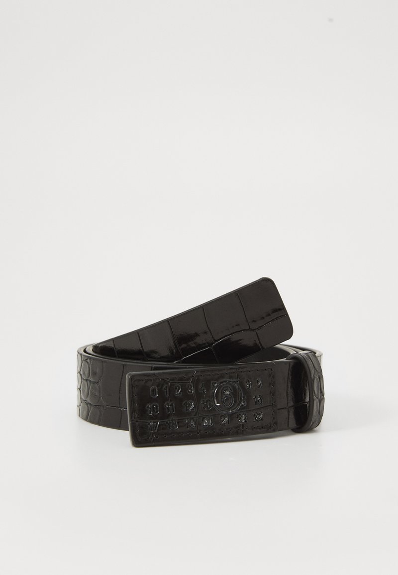 Black crocodile-embossed belt with a glossy finish, featuring a rectangular buckle with numbered accents and a smooth texture.