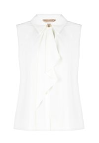 Blusa bianca senza maniche con colletto alto, caratterizzata da un dettagli centrale in volants e accenti in metallo dorato. Tessuto dalla superficie liscia.