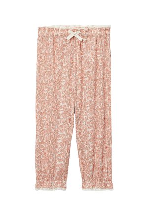 Pantalon de pyjama rose doux à motif floral, taille élastique, petit nœud à l'avant et bordure en dentelle aux chevilles.