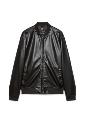 Veste bomber noire en simili cuir avec fermeture éclair devant, col, poignets et ourlet côtelés, et deux poches avant.
