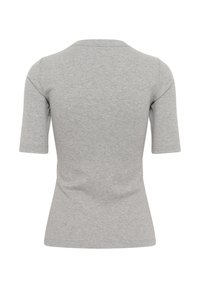 Top gri cu dantelă, cu mânecă scurtă, care prezintă un decolteu rotund, o siluetă ajustată și o textură netedă. Fără modele sau elemente distinctive.