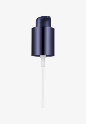 Dark purple metal pump with a rounded top and white dispensing tube. The surface is smooth with a glossy finish.