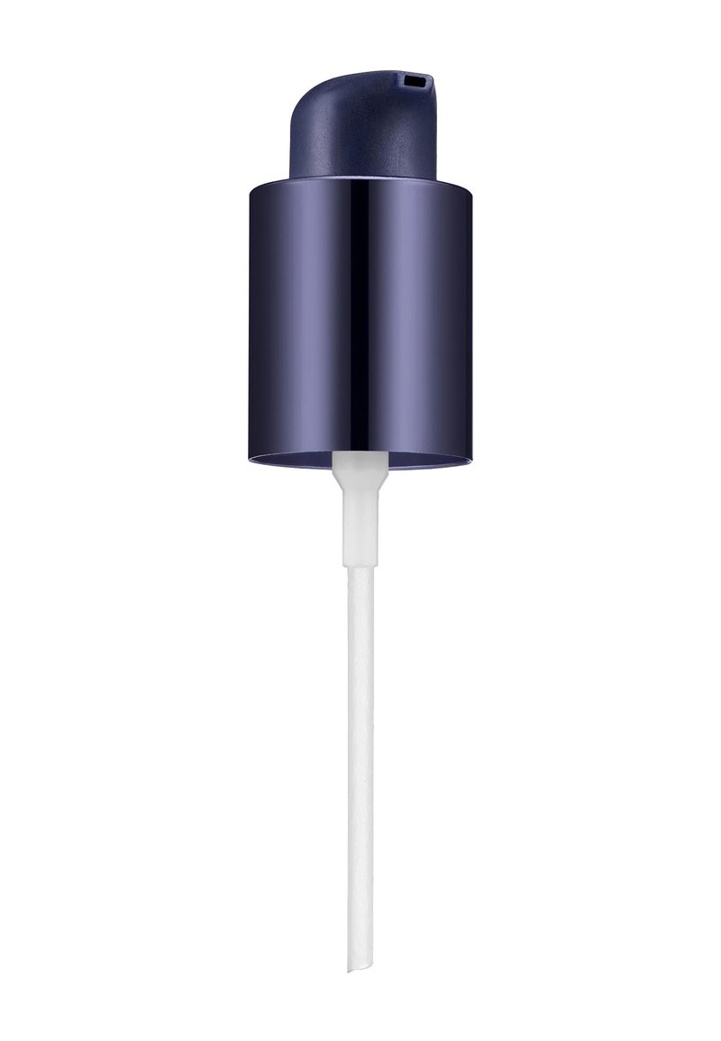 Mørk lilla metallpumpe med rund topp og hvit dispenserør. Overflaten er glatt med en blank finish.