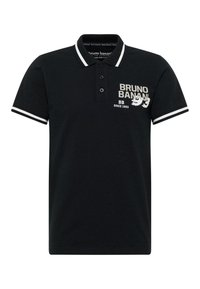 Sort polo shirt i bomuld med en to-knaps placket, hvide stribede detaljer på ærmerne og trykt brandlogo på fronten.