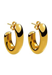 Pendientes de aro de oro con un acabado pulido, que presentan una forma curvada y audaz con una textura suave. El diseño incluye un pequeño pasador y un respaldo.