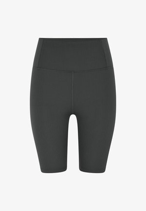 Dark gray ribbed bicycle shorts with a high waist, featuring smooth seams and a fitted silhouette. No visible hardware or patterns.