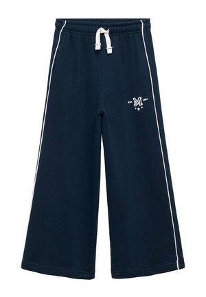 Marineblaue, weite Sweatpants mit weißen Seitenstreifen und einem Kordelzugbund. Enthält ein kleines Logo mit "EST. 1984" und einem Sternedesign.