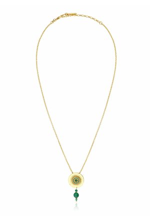 Collier délicat en chaîne d'or avec un pendentif rond présentant une pierre verte au centre et une perle verte suspendue en dessous.